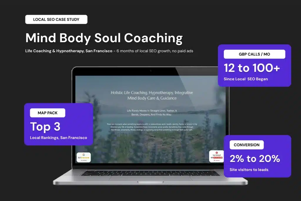 Dark hero banner featuring a laptop with white and purple callouts for local SEO metrics and case studies, conveying a marketing landing page concept.
