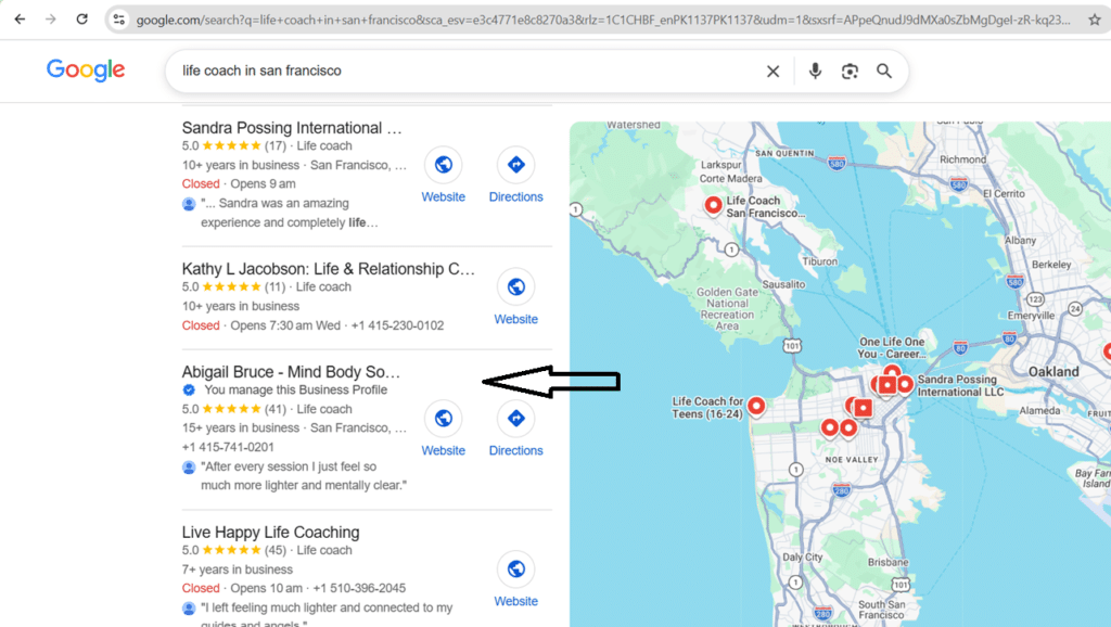 Screenshot of Google search results for 'life coach in san francisco' with a left column of business listings and a right-side map showing pins in the San Francisco area