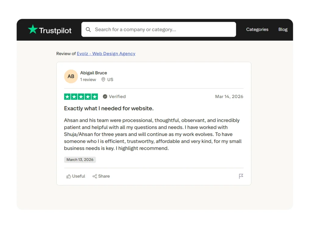 Trustpilot header with search bar and a customer review card showing a 5-star rating and a positive testimonial.