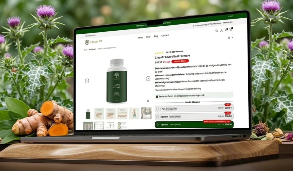 Laptop screen showing a product page for Clean Fit Lever Vital Formula with a green bottle displayed prominently on a wooden desk outdoors.