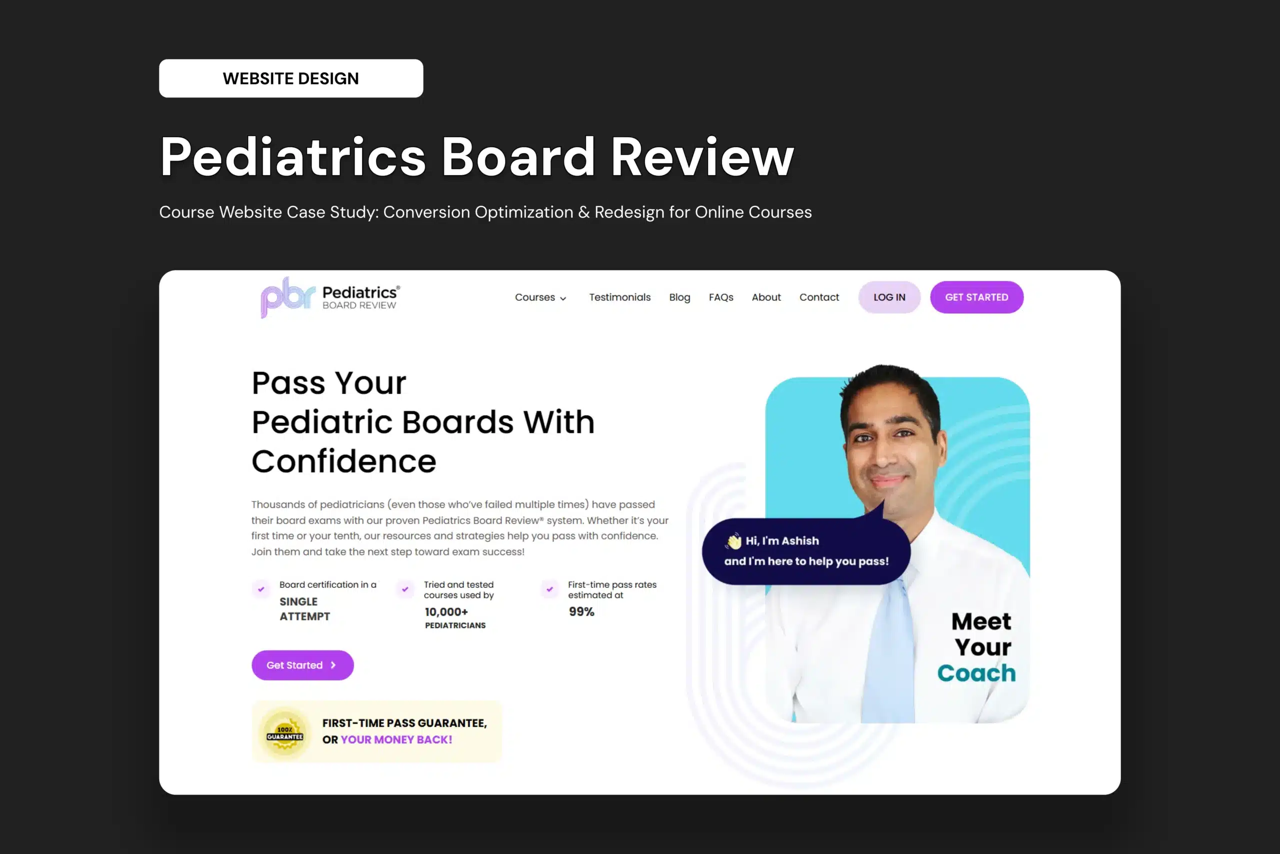 Hero section for Pediatrics Board Review course with dark background and a curved white card; title 'Pediatrics Board Review' and subtitle about course case study and redesigns.