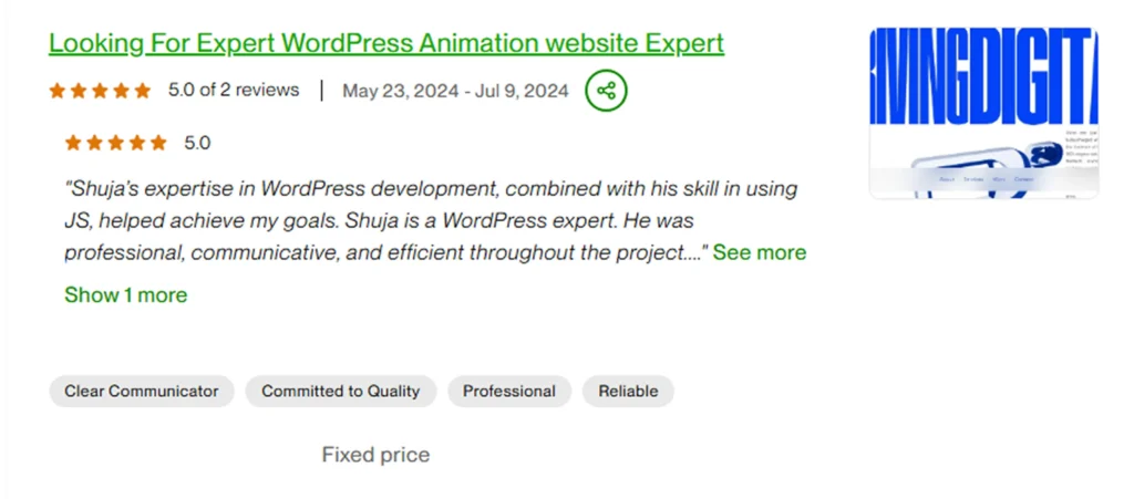 Review card for a WordPress expert showing a 5-star rating, date range May 23, 2024–Jul 9, 2024, and a share icon.