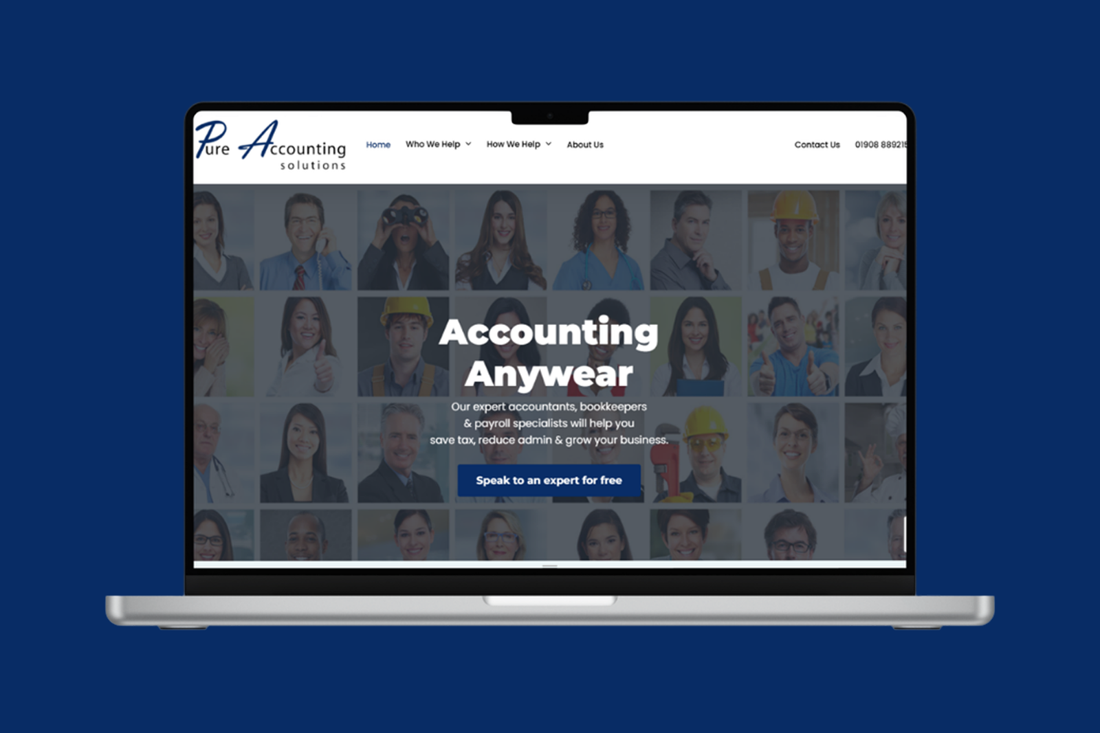 Hero image for an accounting site: laptop screen with a collage of diverse professionals and the headline 'Accounting Anywhere' with a call-to-action button behind.