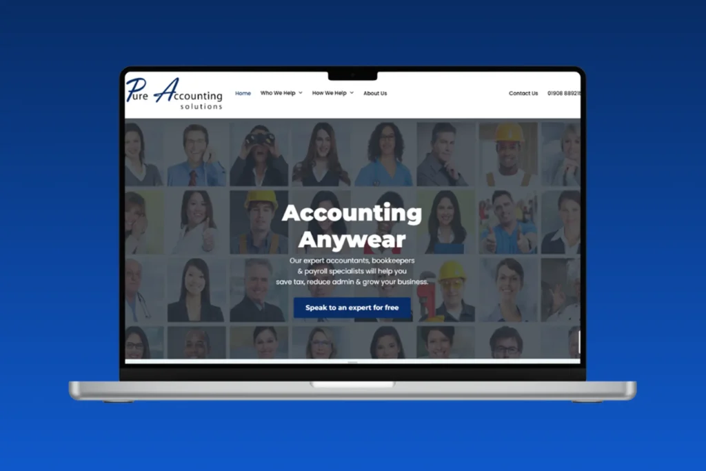Laptop screen showing an accounting services homepage with a collage of professionals and the headline 'Accounting Anywhere'. (informative)