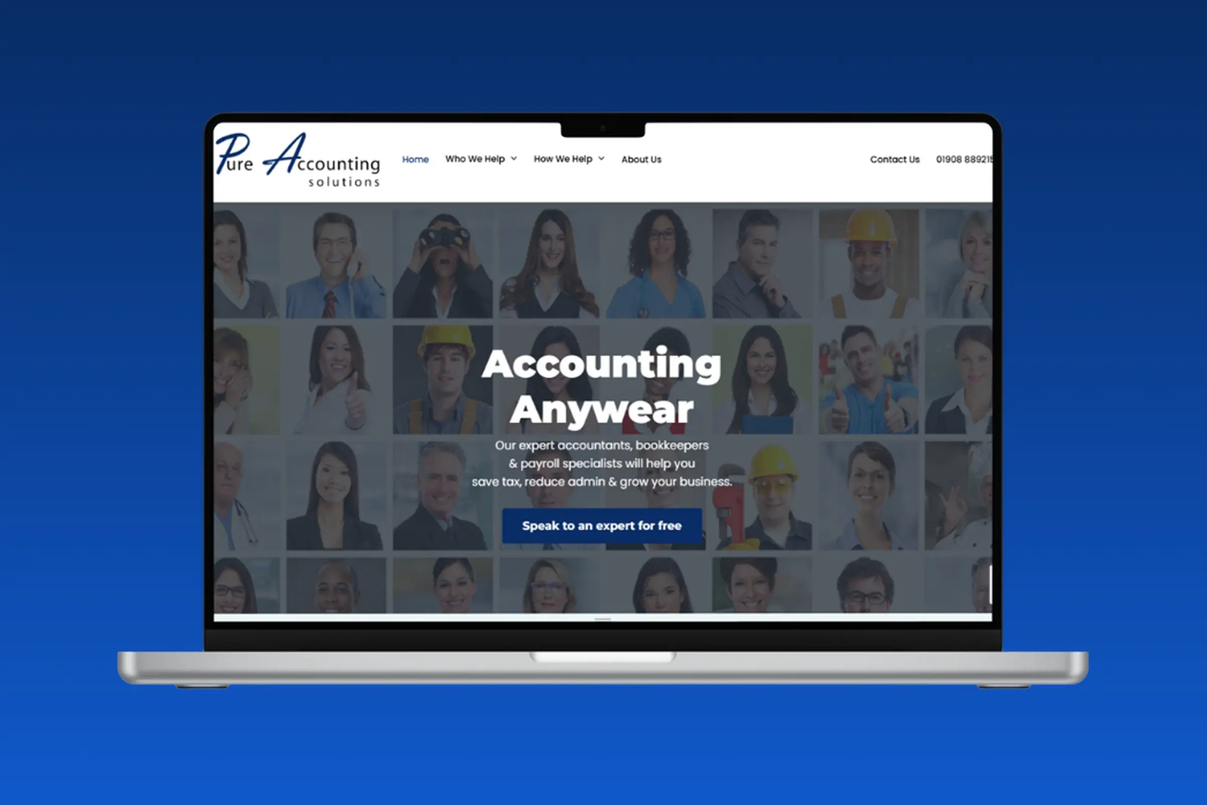 Laptop screen showing an accounting services homepage with a collage of professionals and the headline 'Accounting Anywhere'. (informative)