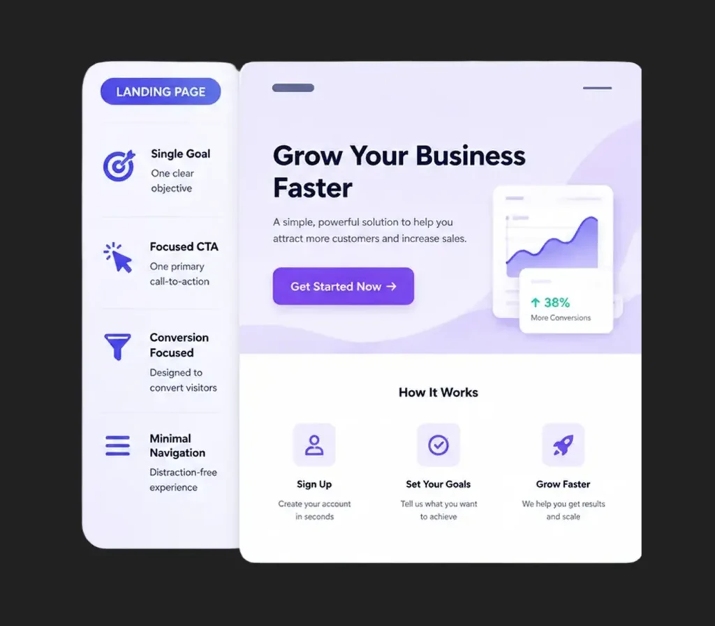 Landing page mockup with a left navigation column and a hero area that says 'Grow Your Business Faster' with a purple Get Started Now button.