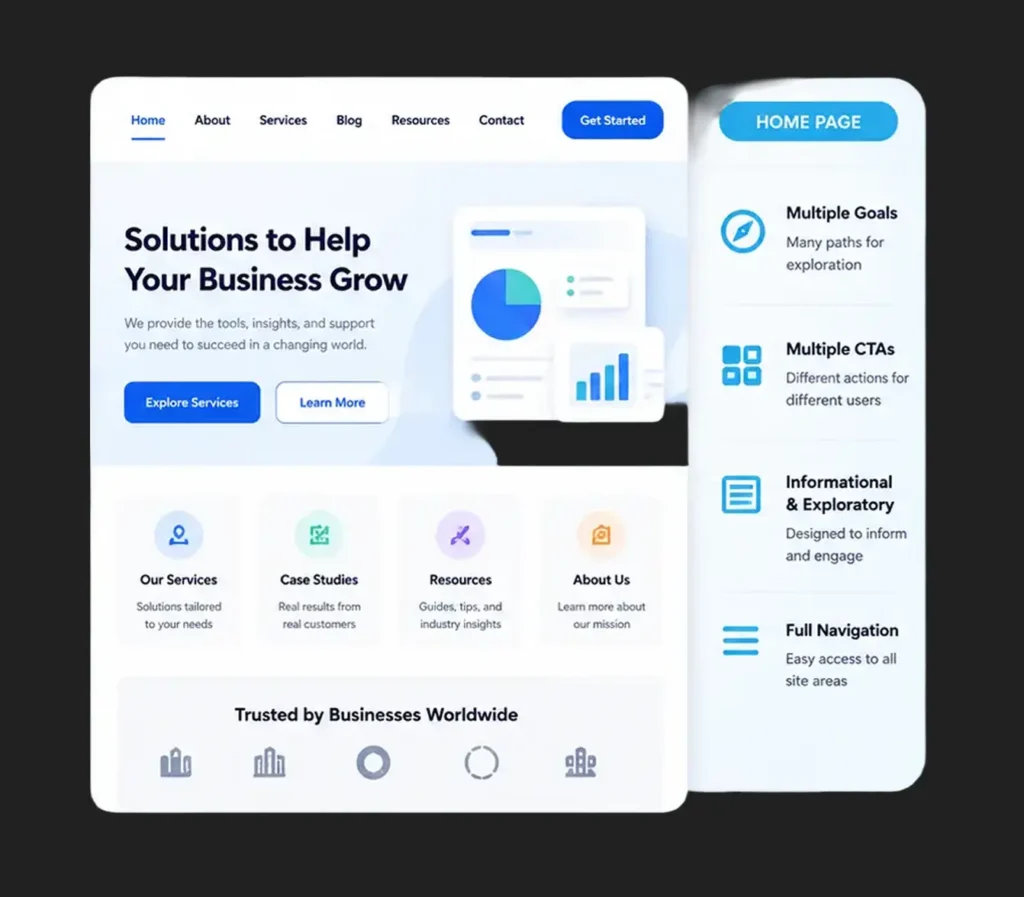 Hero layout showing a business website: large headline 'Solutions to Help Your Business Grow' with two call-to-action buttons, left-aligned navigation, and a vertical right panel labeled 'Home Page'.