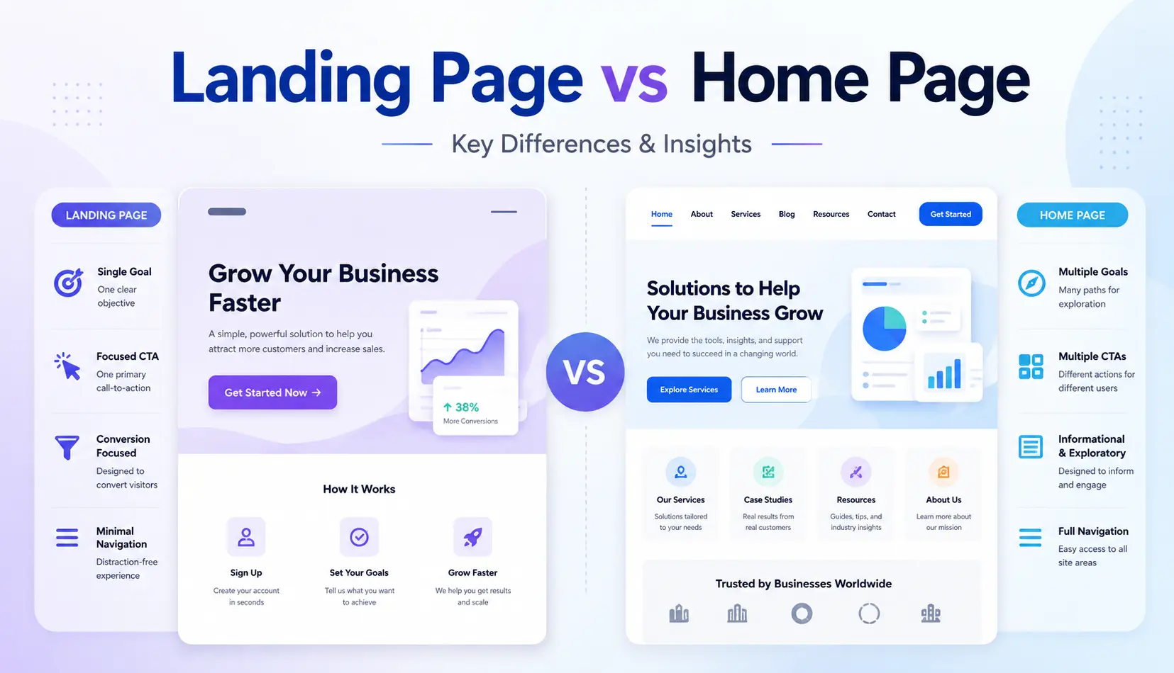 Comparison of two web page designs: a purple landing page on the left and a blue home page on the right with a VS circle in the center.