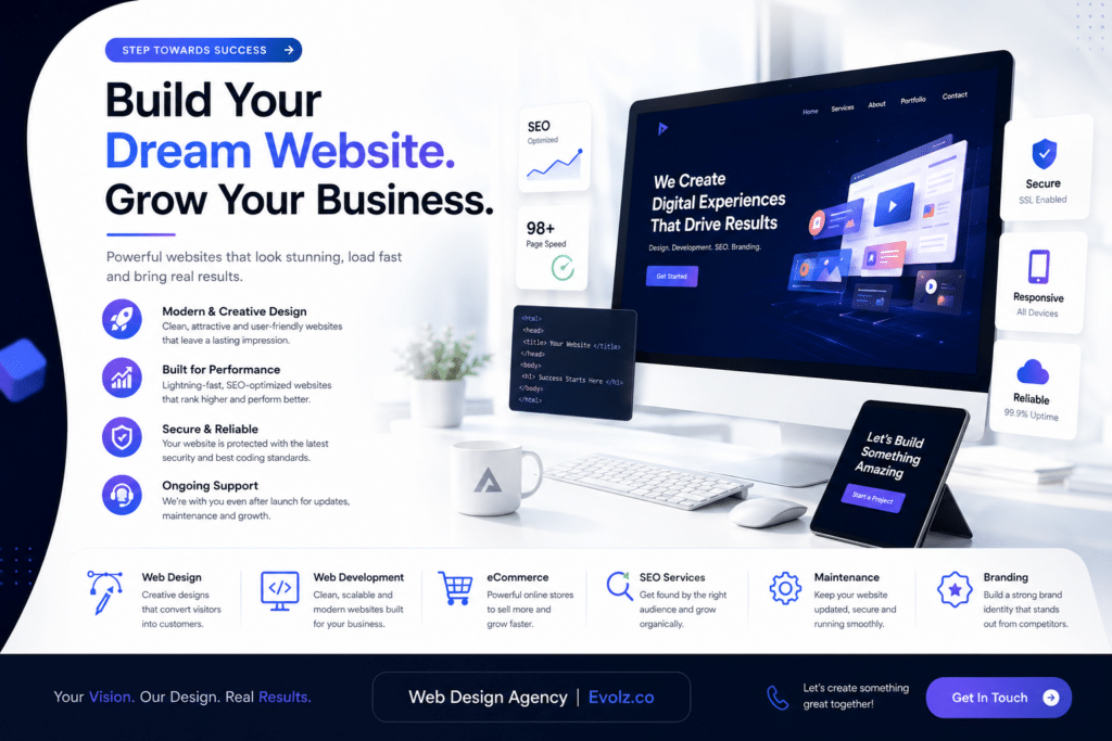 Hero section: headline reads 'Build Your Dream Website. Grow Your Business.' with blue accent words and a device-forward layout.