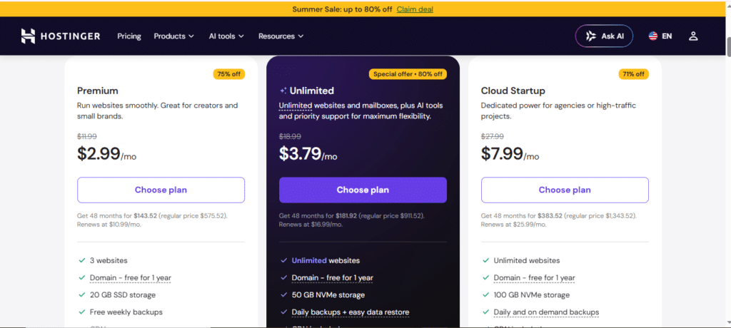 Pricing comparison of three Hostinger plans: Premium, Unlimited, and Cloud Startup with monthly prices and features at a glance