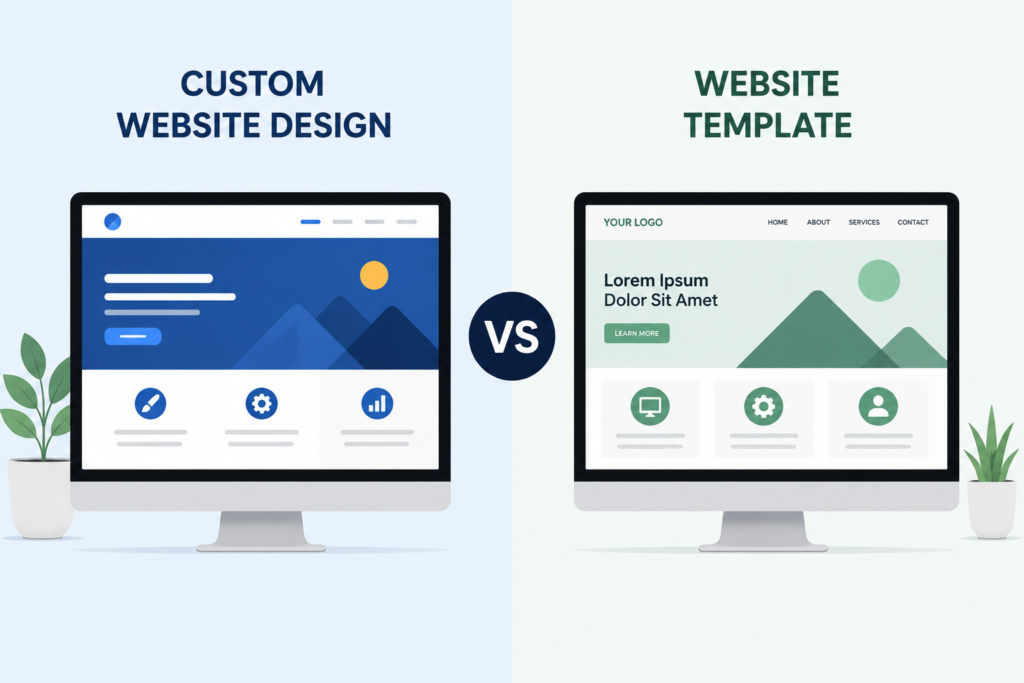 Left: blue custom website design on a monitor; Right: green website template on a monitor, with a large VS circle between them.