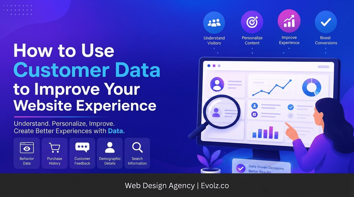 Hero image promoting using customer data to improve website experience with a person analyzing a dashboard on a large monitor.