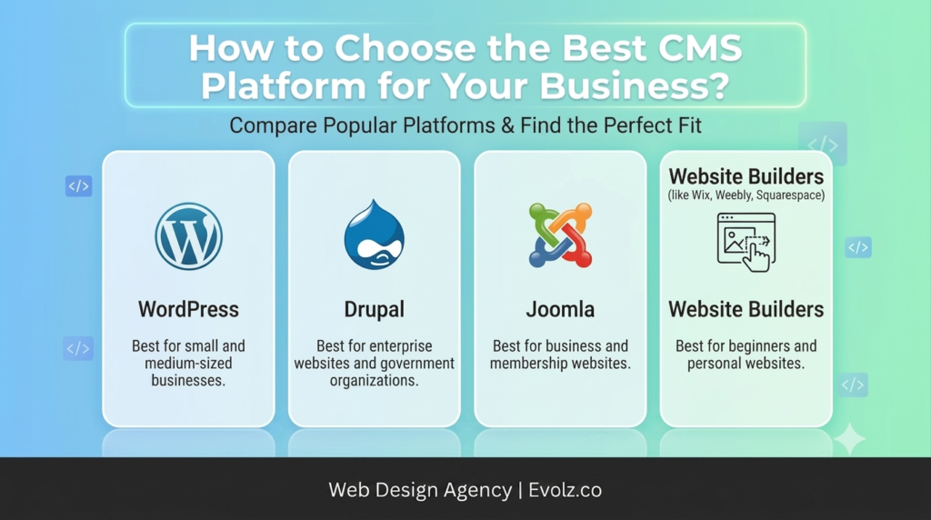 Guide banner comparing CMS options: WordPress, Drupal, Joomla, and Website Builders for businesses.