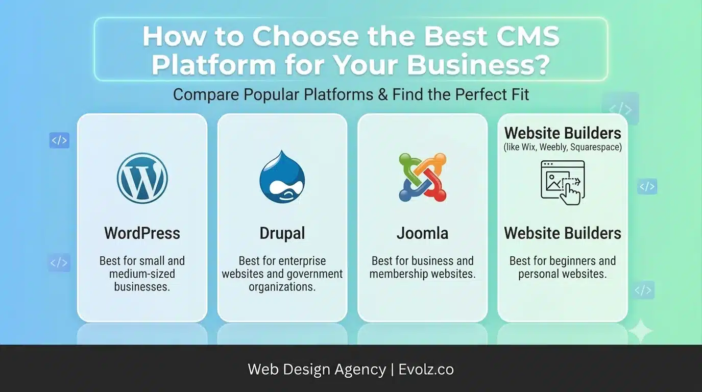 Guide banner comparing CMS options: WordPress, Drupal, Joomla, and Website Builders for businesses.