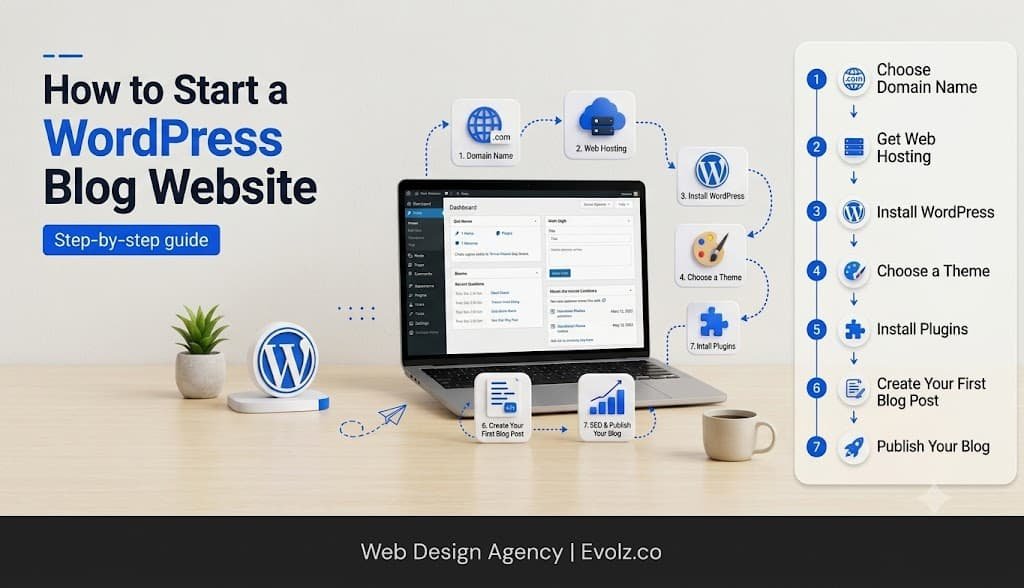 Tutorial image showing steps to start a WordPress blog with a laptop and a right-side step list: domain name, hosting, WordPress install, theme, plugins, first post, publish.