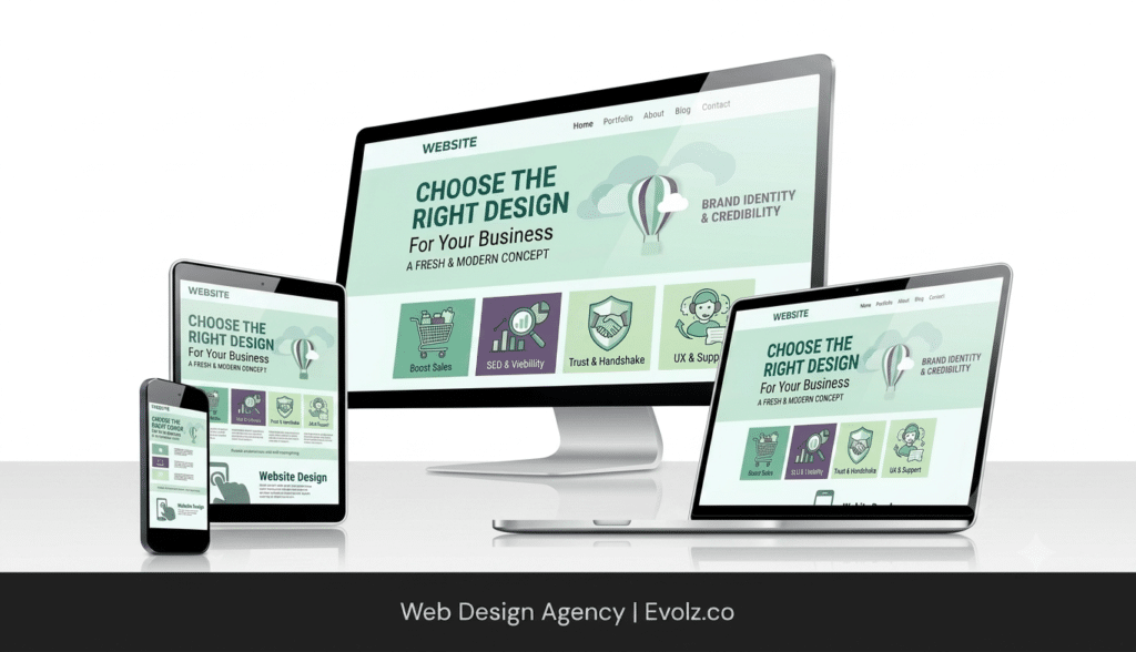 Responsive web design demo showing a website on phone, tablet, laptop, and desktop monitor for Evolz.co (Web Design Agency).