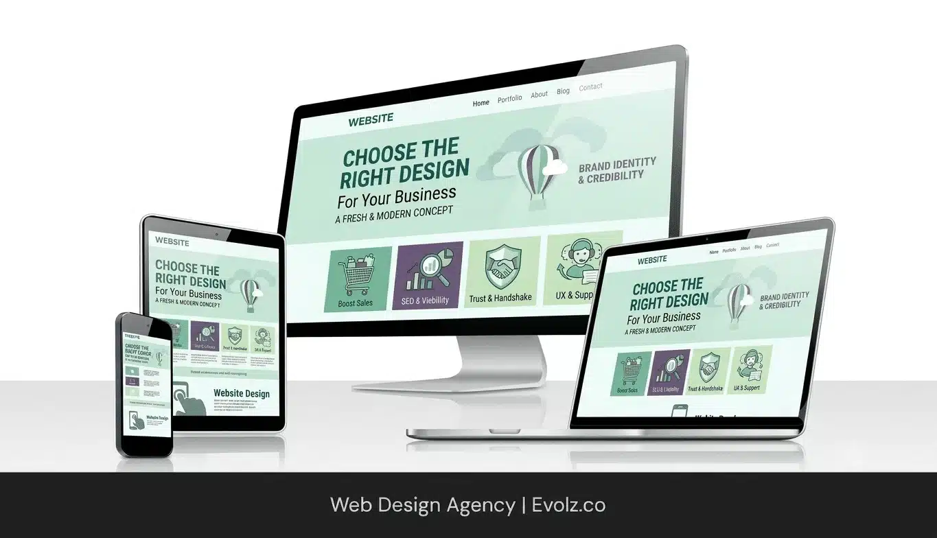 Responsive web design demo showing a website on phone, tablet, laptop, and desktop monitor for Evolz.co (Web Design Agency).