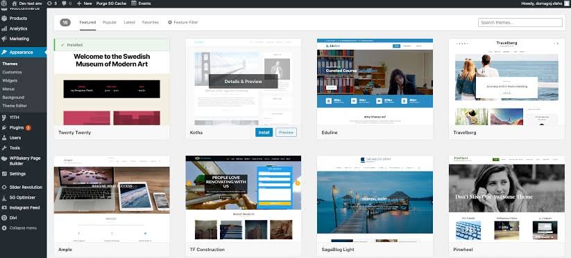 WordPress admin Theme Gallery: eight theme previews in a grid, with a left blue navigation pane showing Appearance > Themes and a search bar at the top-right.