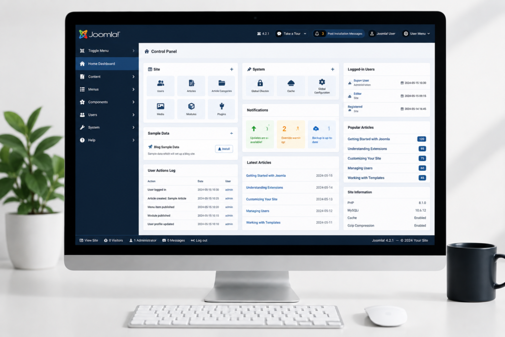 joomla - Evolz Admin dashboard on a desktop monitor showing the Joomla control panel with left navigation menu and multiple content panels (Site, System, Notifications, Latest Articles, User Actions Log).