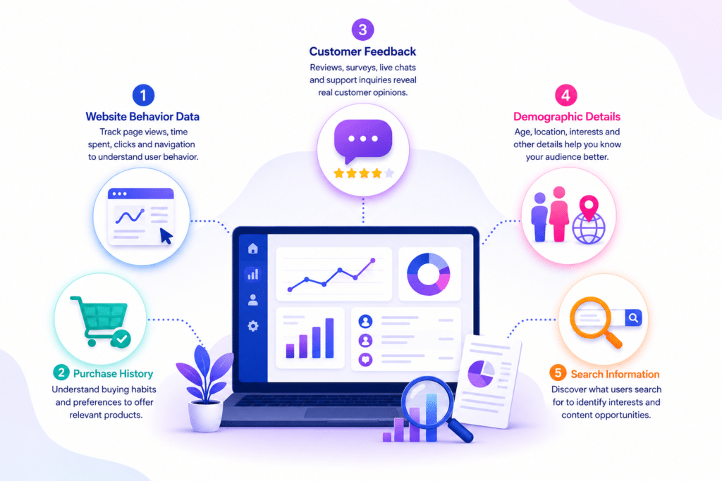 Infographic of a laptop dashboard connected to five data topics: Website Behavior Data, Purchase History, Customer Feedback, Demographic Details, and Search Information.