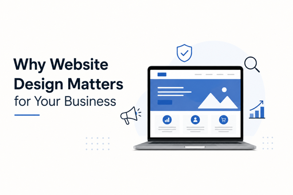Hero illustration: laptop displaying a blue website layout beside the bold headline'Why Website Design Matters for Your Business'.
