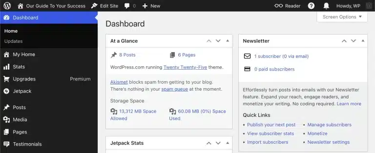 WordPress admin dashboard with left navigation menu and main content showing Dashboard, At a Glance and Newsletter widgets; theme text reads Twenty Twenty-Five.
