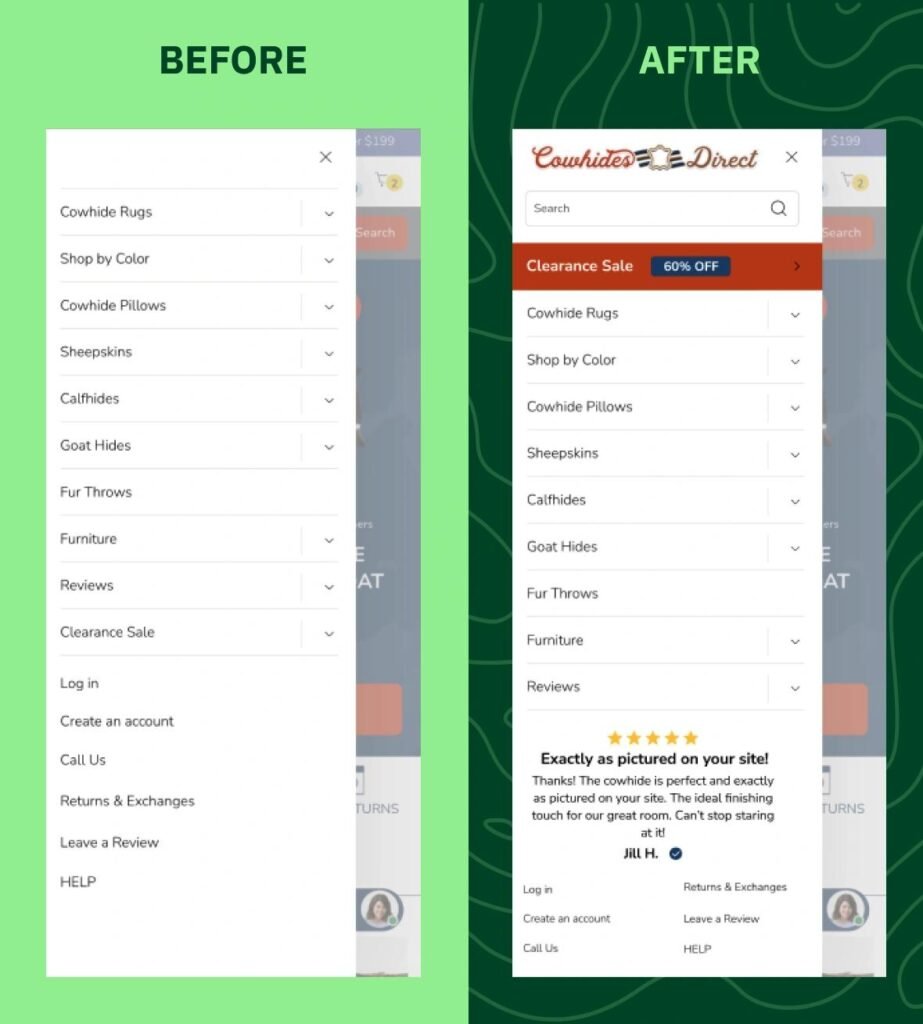 Side-by-side comparison: Left shows a tall white navigation menu on a bright green background labeled BEFORE; right shows a similar menu with a logo header and a sale banner labeled AFTER on a dark green background.