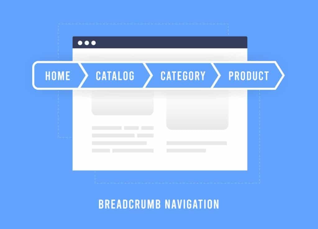 Breadcrumb navigation bar with four blue arrow-shaped segments labeled Home, Catalog, Category, Product on a blue page background.