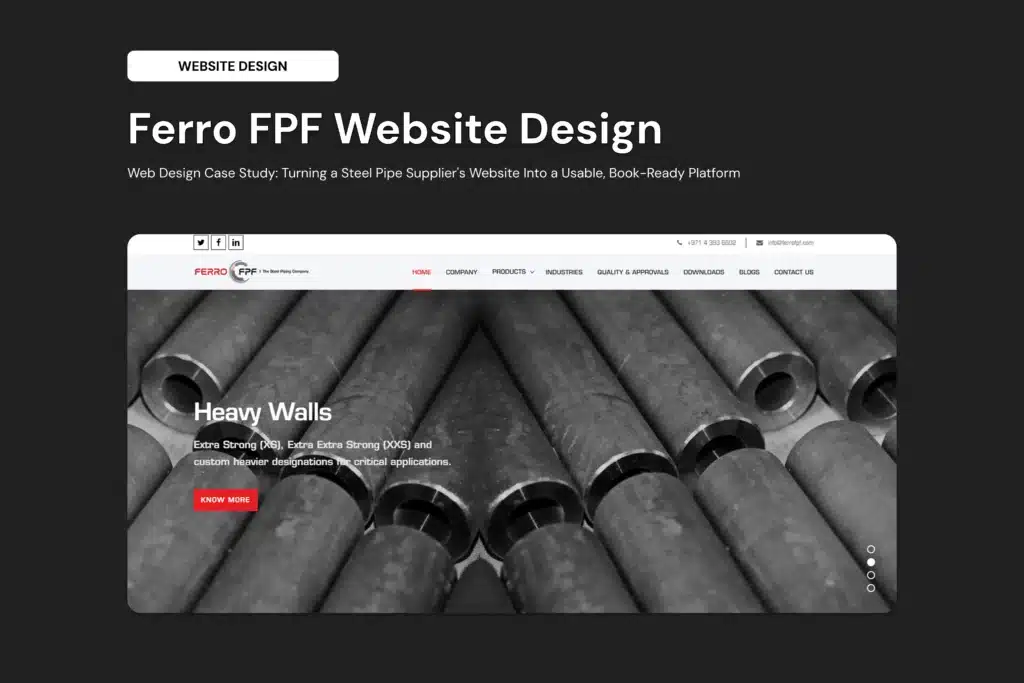 Hero section: Ferro FPF Website Design title with subtitle on a dark background, grayscale pipe image below.