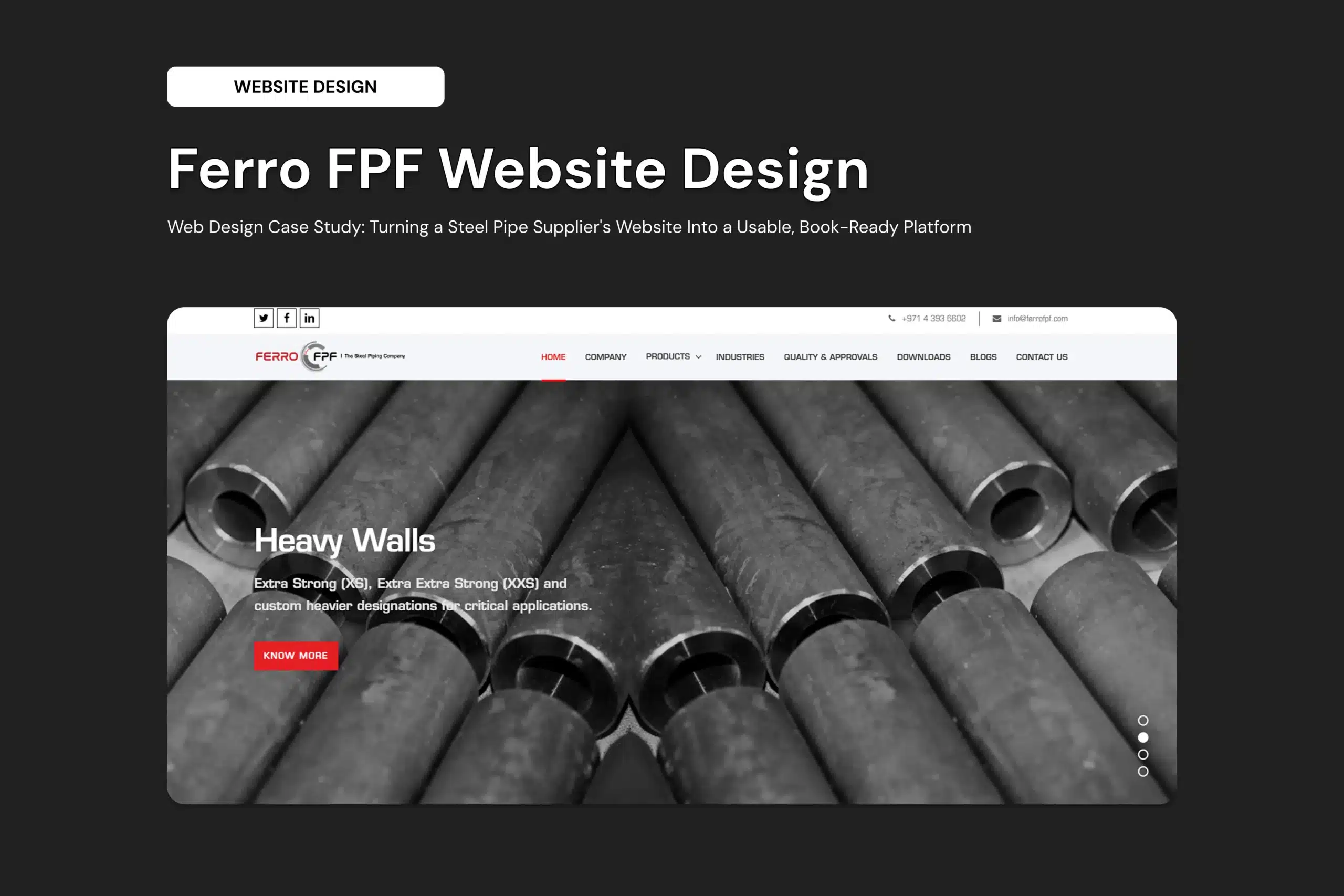 Hero section: Ferro FPF Website Design title with subtitle on a dark background, grayscale pipe image below.