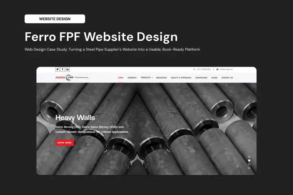 Hero section with a dark background, a white 'WEBSITE DESIGN' tag, and a large 'Ferro FPF Website Design' title over a grayscale pipe image.