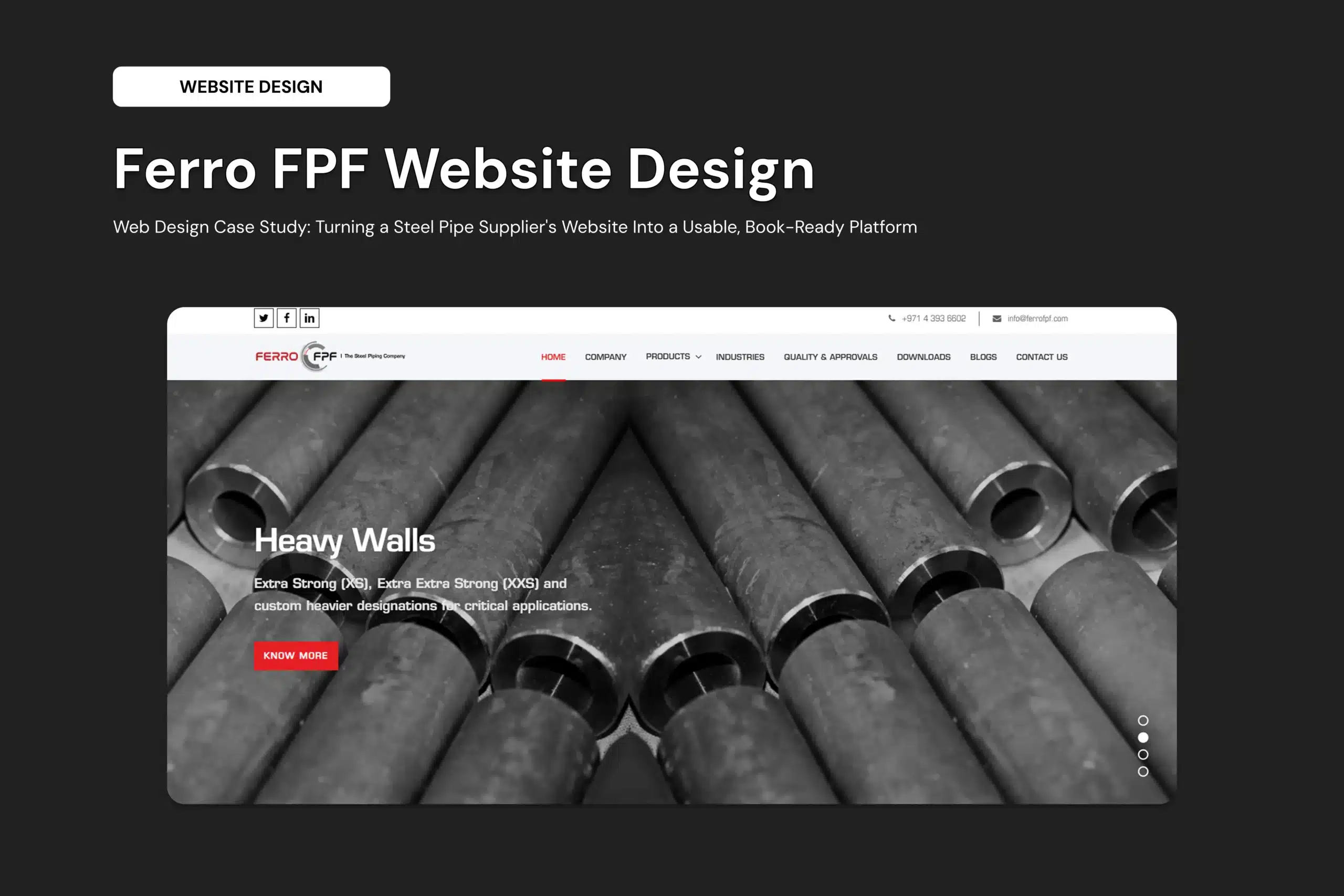 Hero section with a dark background, a white 'WEBSITE DESIGN' tag, and a large 'Ferro FPF Website Design' title over a grayscale pipe image.