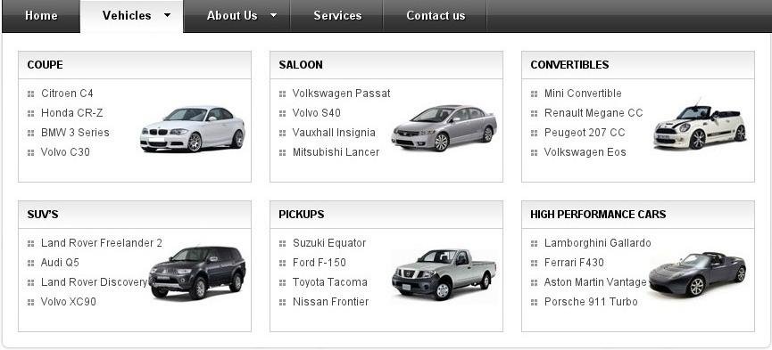 Dealership category grid with model lists for Coupe, Saloon, Convertibles, SUVs, Pickups, and High Performance Cars (with thumbnails).