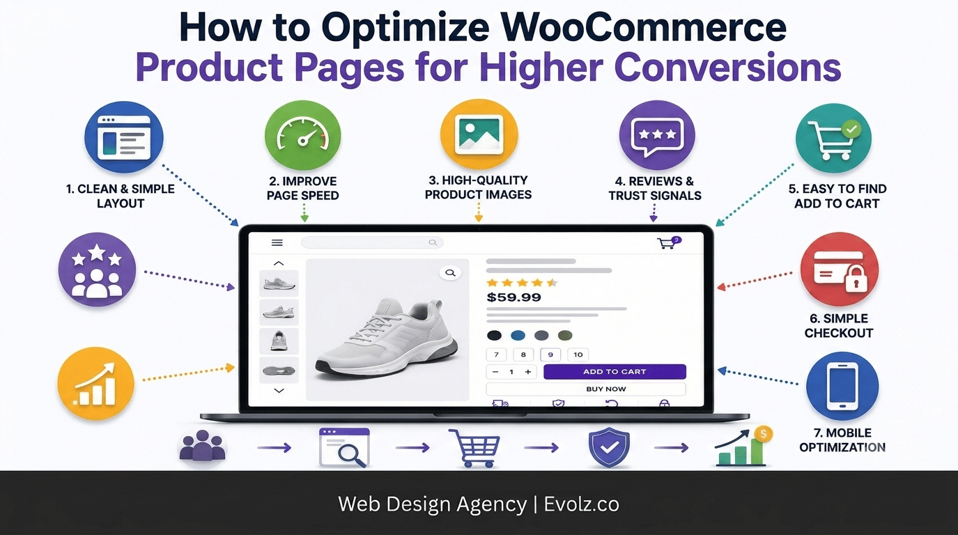 Infographic: How to Optimize WooCommerce Product Pages for Higher Conversions showing seven strategy icons around a laptop product page.