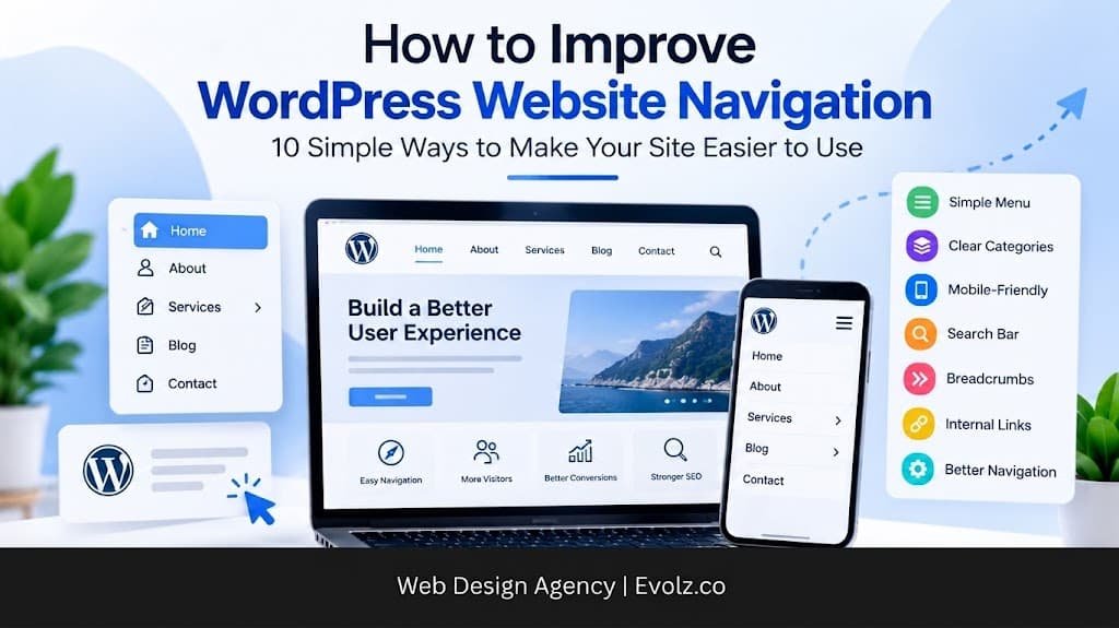 Banner illustrating WordPress navigation tips with laptop and mobile screens displaying menus.