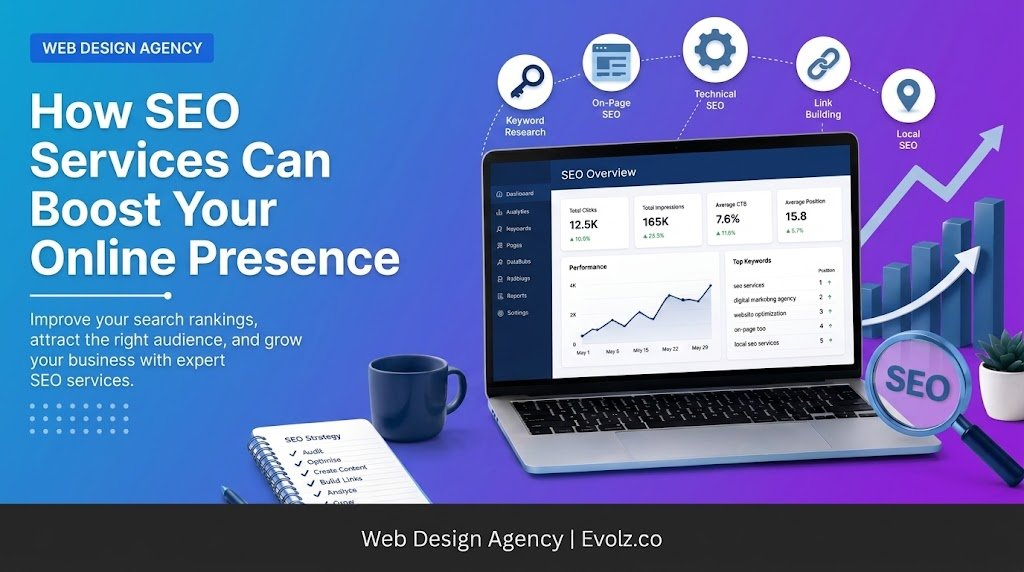 Banner advertising SEO services: laptop with analytics dashboard and icons for keyword research, on-page SEO, technical SEO, link building, and local SEO on a blue–purple gradient.