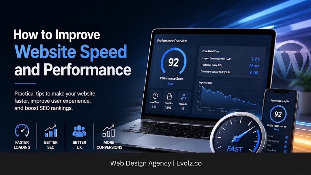 Banner titled 'How to Improve Website Speed and Performance' with a laptop, smartphone, and speedometer visuals.