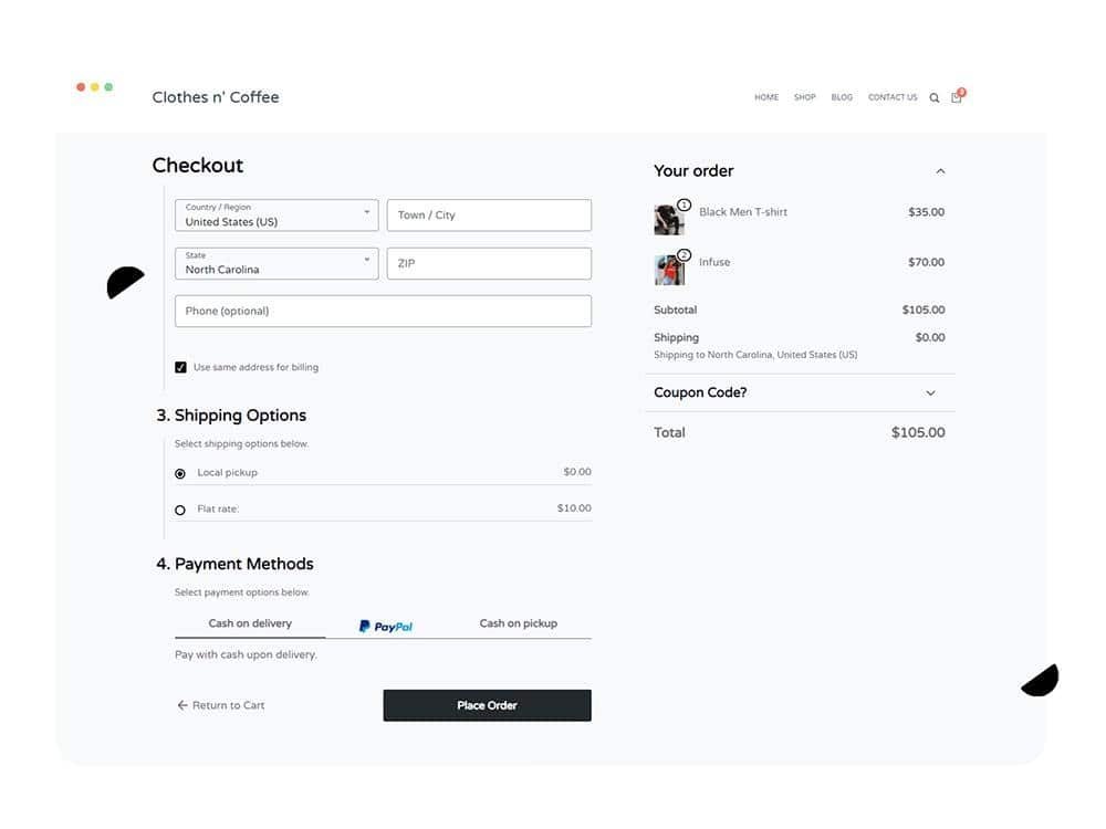 Checkout page with shipping address fields, order summary on the right, and a Place Order button.