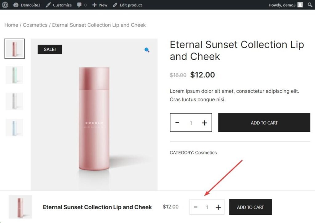 Main product image: Eternal Sunset Collection Lip and Cheek lipstick in pink bottle, with SALE badge and  price, plus quantity and Add to Cart controls.