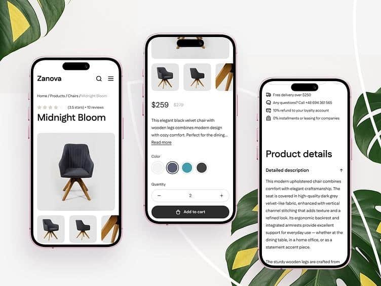 Three smartphones displaying a furniture shopping app: product page for 'Midnight Bloom' chair with images and options on the left, middle phone shows price and add-to-cart, right phone shows product details
