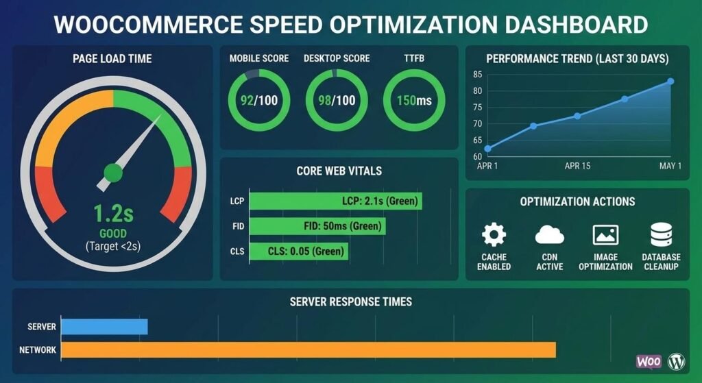 WooCommerce speed dashboard showing 1.2s page load, green core web vitals, mobile 92/100 and desktop 98/100, 30-day trend, and optimization actions.
