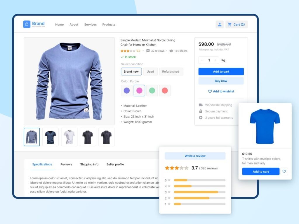 Ecommerce product page mockup featuring a blue long-sleeve shirt with thumbnails, price, and add-to-cart panel.