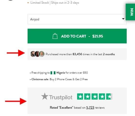 Product page snippet showing Airpod selector, green Add to Cart button (.95), a 'Purchased more than 83,456 times in the last 2 months' notice with user avatars, and a Trustpilot rating with five green stars.