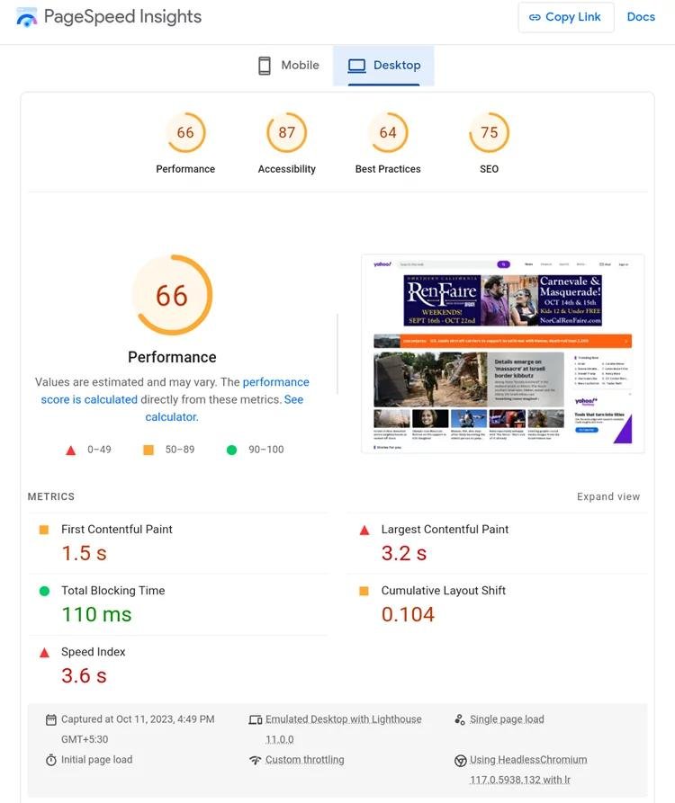 PageSpeed Insights desktop results: performance 66 with FCP 1.5s, TBT 110ms, Speed Index 3.6s; LCP 3.2s; CLS 0.104; screenshot of a news site