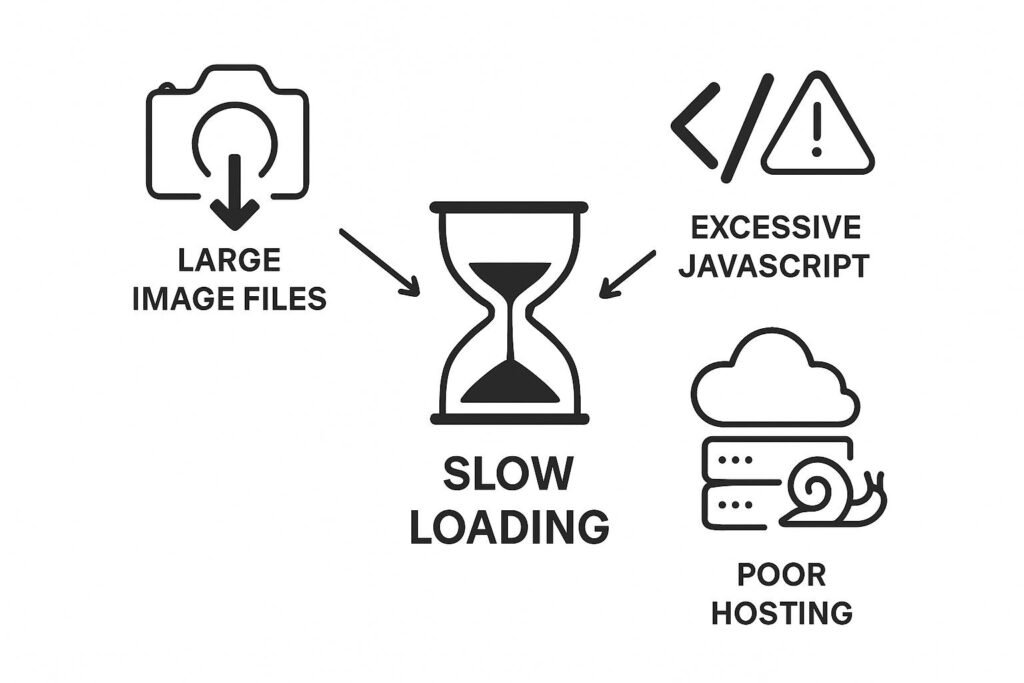 Infographic: causes of slow loading—large image files, excessive JavaScript, poor hosting, illustrated with an hourglass.