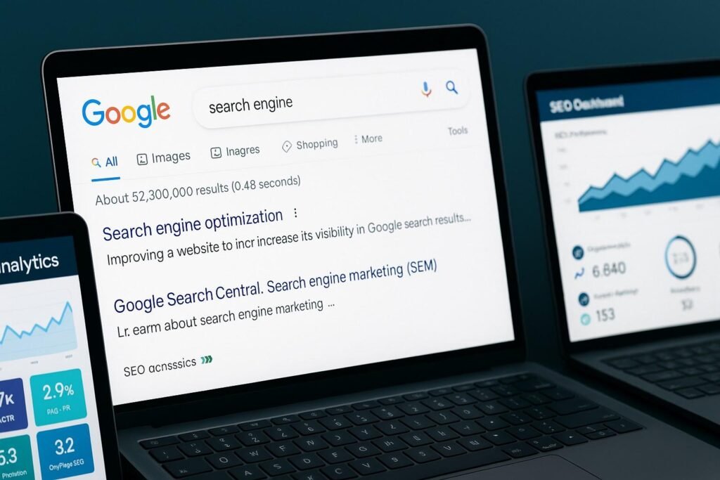 Laptop screen showing Google search results for 'search engine optimization' with analytics dashboards on adjacent screens for SEO data insights.