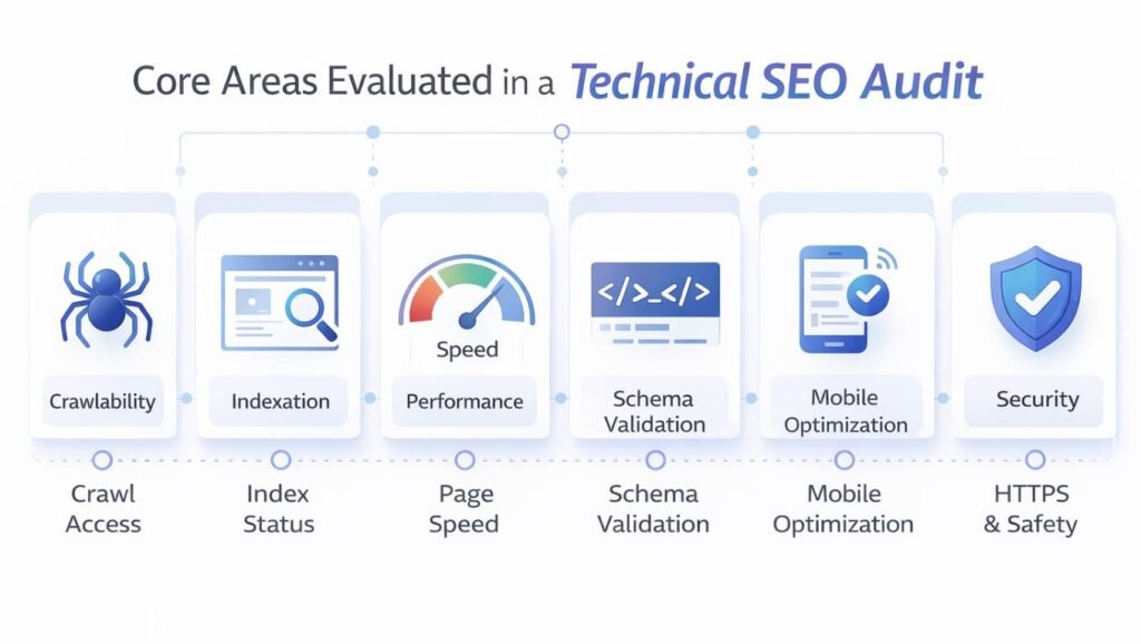 Six core areas of a technical SEO audit: Crawlability, Indexation, Page Speed, Schema Validation, Mobile Optimization, Security.