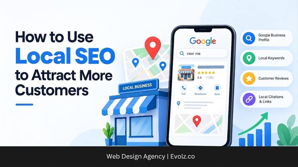 Promotional banner about local SEO: storefront, map pins, and a smartphone showing Google search results to attract customers.