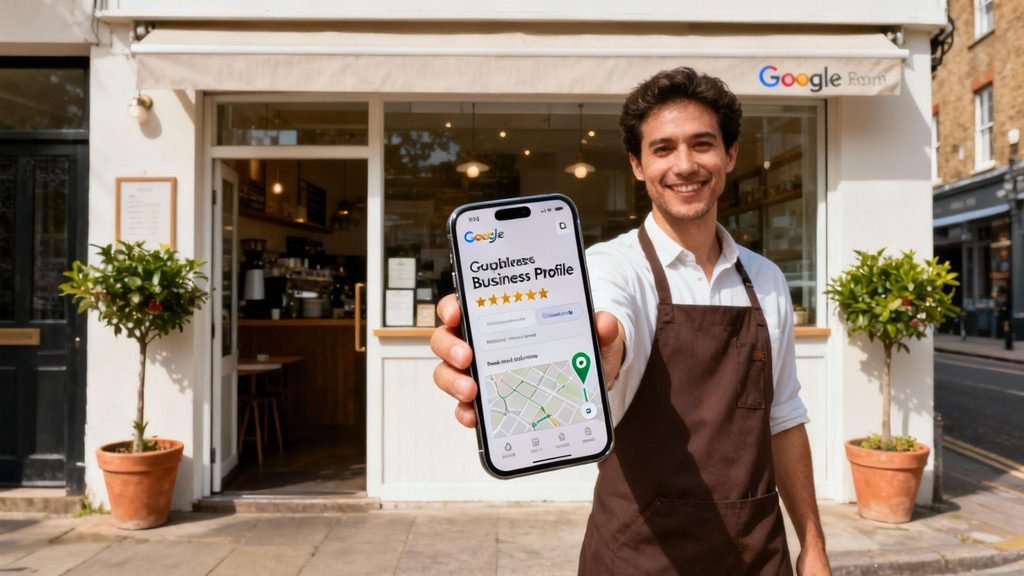 Barista in an apron holds up a phone showing a Google Business Profile with map and 5-star rating outside a cafe.