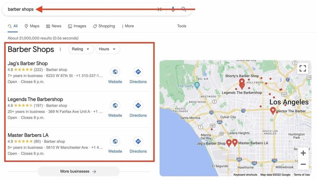 Google search results for 'Barber Shops' showing a list of nearby barbers with ratings and hours next to a map of Los Angeles area.